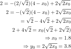 \begin{align*}     \left 2 = -(2/\sqrt{2})(4 - x_0) + 2 \sqrt{2x_0}     \\ 2 = -(\sqrt{2})(4 - x_0) + 2 \sqrt{2x_0}    \\ = \sqrt{2} - 4 \sqrt{2} + 2 \sqrt{2x_0}    \\ 2 + 4 \sqrt{2} = x_0(\sqrt{2} + 2 \sqrt{2})     \\ \Rightarrow x_0 = 1.8    \\ \Rightarrow y_0 = 2 \sqrt{2x_0} = 3.8 \end{align*}