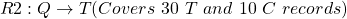 \begin{align*} \left R2: Q \rightarrow T (Covers \ 30 \ T \ and \ 10 \ C \ records) \end{align*}