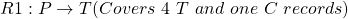 \begin{align*} \left R1: P \rightarrow T (Covers \ 4 \ T \ and \ one \ C \ records) \end{align*}