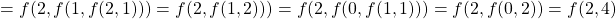 \begin{align*}     \left = f(2, f(1, f(2, 1))) = f(2, f(1, 2))) = f(2, f(0, f(1, 1))) = f(2, f(0, 2)) = f(2, 4) \end{align*}