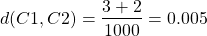 \begin{align*}  \left d(C1, C2) = \frac{3 + 2}{1000} = 0.005 \end{align*}