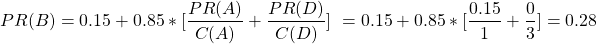 \begin{align*} \left\ PR(B) = 0.15 + 0.85*[\frac{PR(A)}{C(A)} + \frac{PR(D)}{C(D)}] \left\ = 0.15 + 0.85*[\frac{0.15}{1} + \frac{0}{3}] = 0.28 \end{align*}