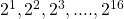 2^1, 2^2, 2^3, .... , 2^{16}