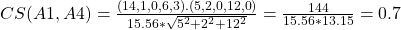 CS(A1, A4) = \frac{(14,1,0,6,3).(5,2,0,12,0)}{15.56 * \sqrt{5^2 + 2^2 + 12^2}} = \frac{144}{15.56 * 13.15} = 0.7