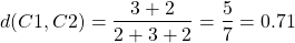 \begin{align*}  \left d(C1, C2) = \frac{3 + 2}{2 + 3 + 2} = \frac{5}{7} = 0.71 \end{align*}