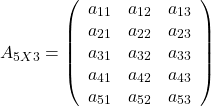 \[ \left A_{5X3} = \right \left (\begin{array}{rrr} a_{11} & a_{12} & a_{13} \\ a_{21} & a_{22} & a_{23} \\ a_{31} & a_{32} & a_{33} \\ a_{41} & a_{42} & a_{43} \\ a_{51} & a_{52} & a_{53} \end{array} \right) \]